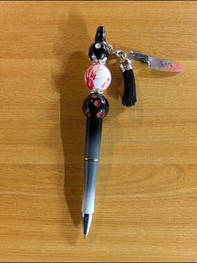 Hand Crafted Black White Red Beaded Tassel Ballpoint Pen